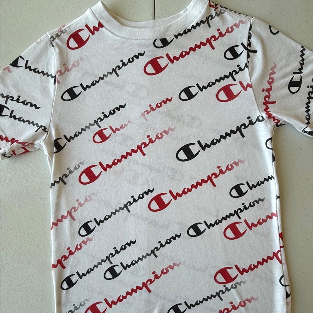 Champion Kids' Tee with Red and Black Logo Pattern